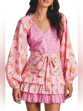 For Love Bell Pink Floral Tiered Mini Dress with Puff Sleeves - Women's Small